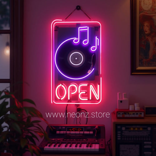 inyl Record Neon LED “OPEN” Sign – Music Lover Edition