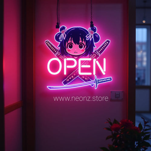 Anime Girl LED OPEN Sign – Neon Katana Edition