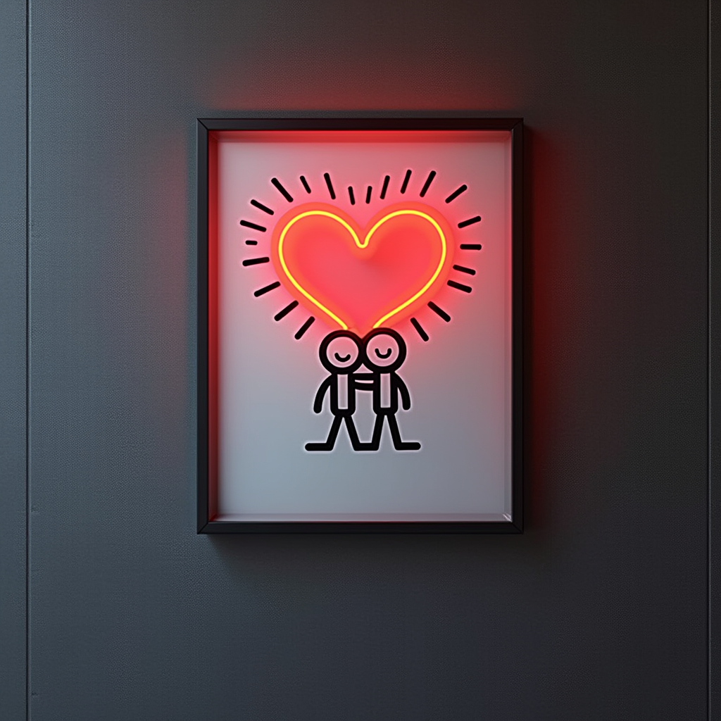 Heart Connection Neon Art Panel -  Keith Haring