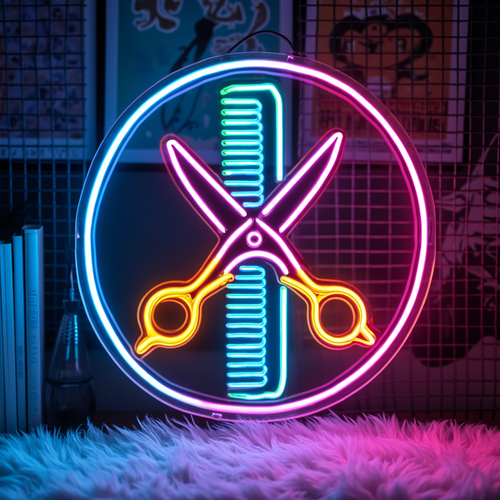 Multicolor Neon Barber Sign – Scissors &amp; Comb LED Wall Light
