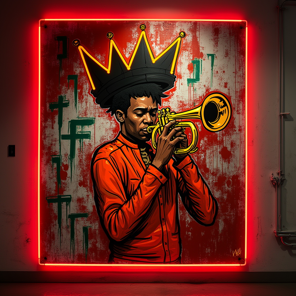 The Crowned Trumpeter" Neon Canvas Art – Basquiat-Inspired LED Wall Piece