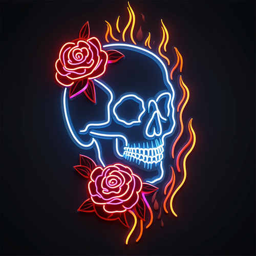 Neon Skull with Roses Wall Art